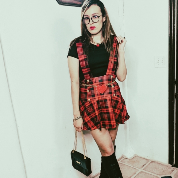 NWT Fall Preppy Red Plaid Suspender Skirt S:S-M - Picture 10 of 10